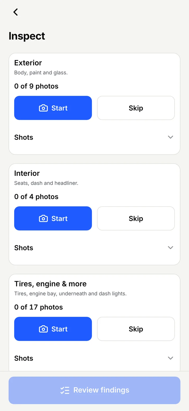 Appraise Inspect screen with three photo sections: exterior, interior, and tires, engine and more
